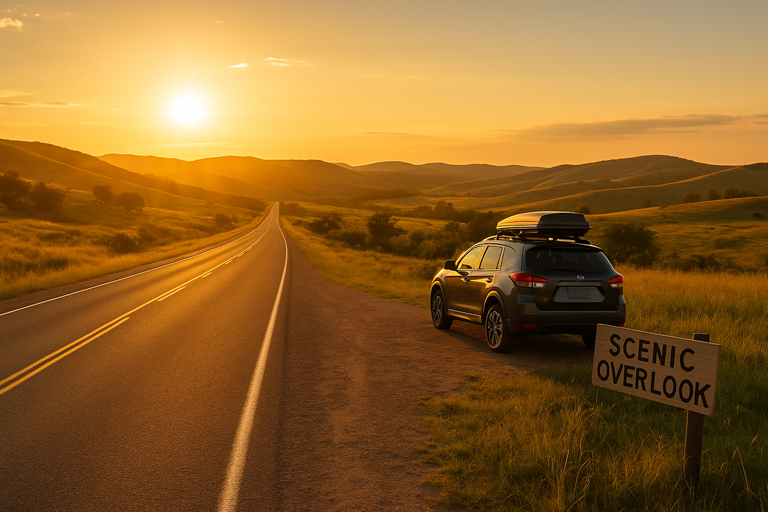 SUV on side of the road scenic overlook with sun in the distance