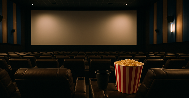 A dark movie theater with a tub of popcorn